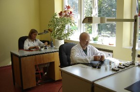 Technicians producing eyeball prosthesis.